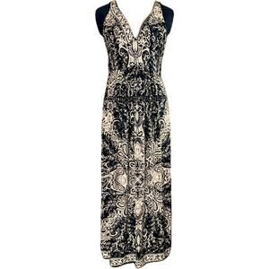 Angie XL Boho Maxi Halter Dress Adjustable Black Cream Paisley Smocked Stretch